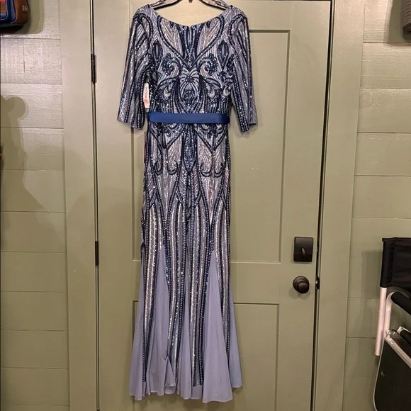 R&M Richards Light Blue Beaded Long Sleeve Evening Gown - Picture 3 of 13